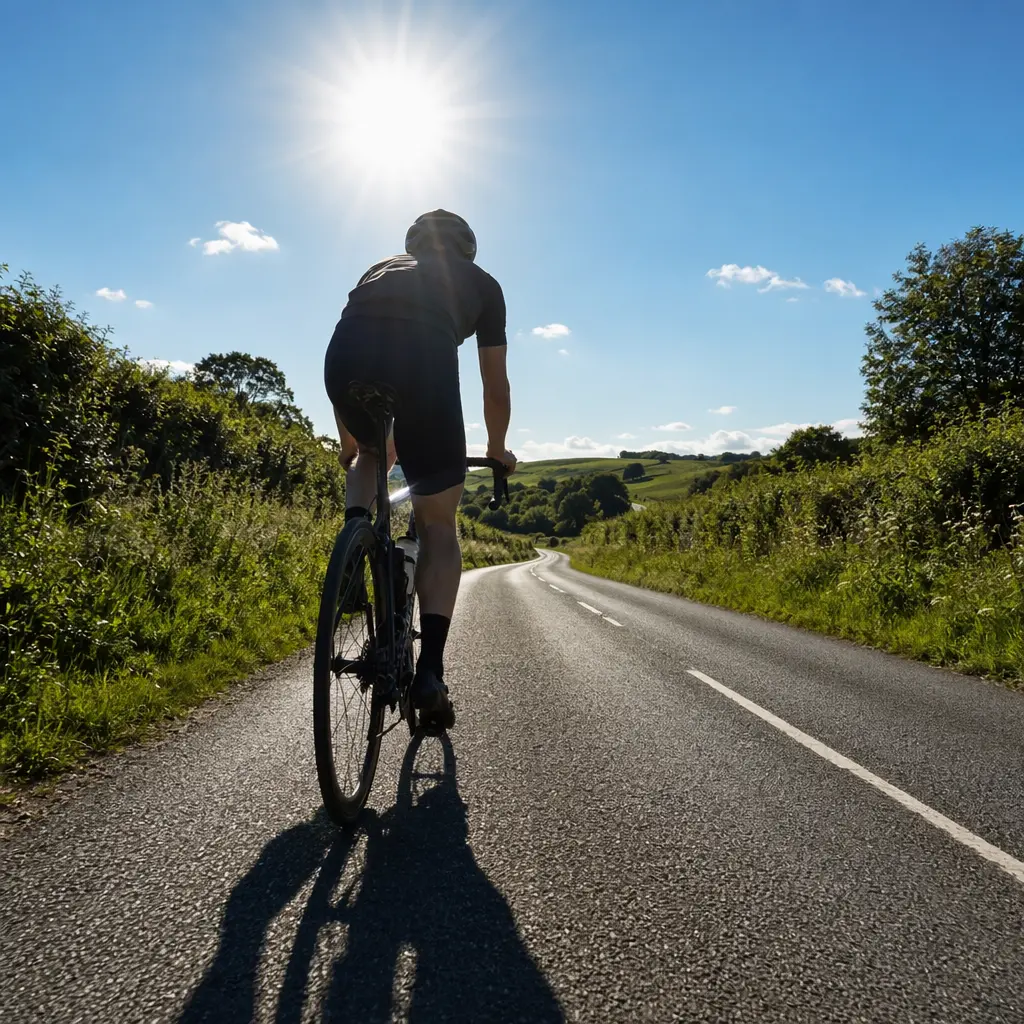 A sleek road bike silhouetted against a bright summer sky on a UK lane