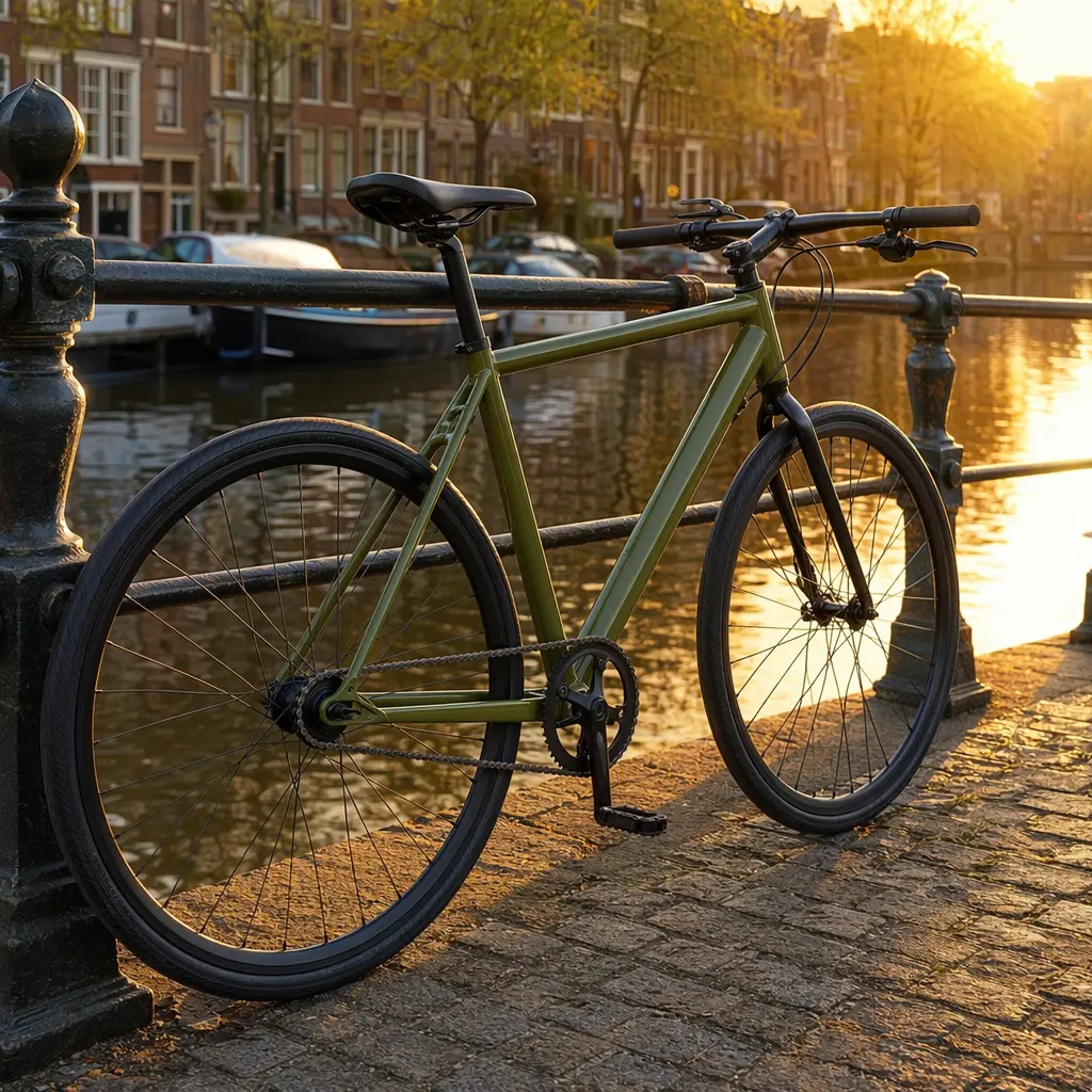 A modern flat-bar urban bike beside a canal at golden hour.