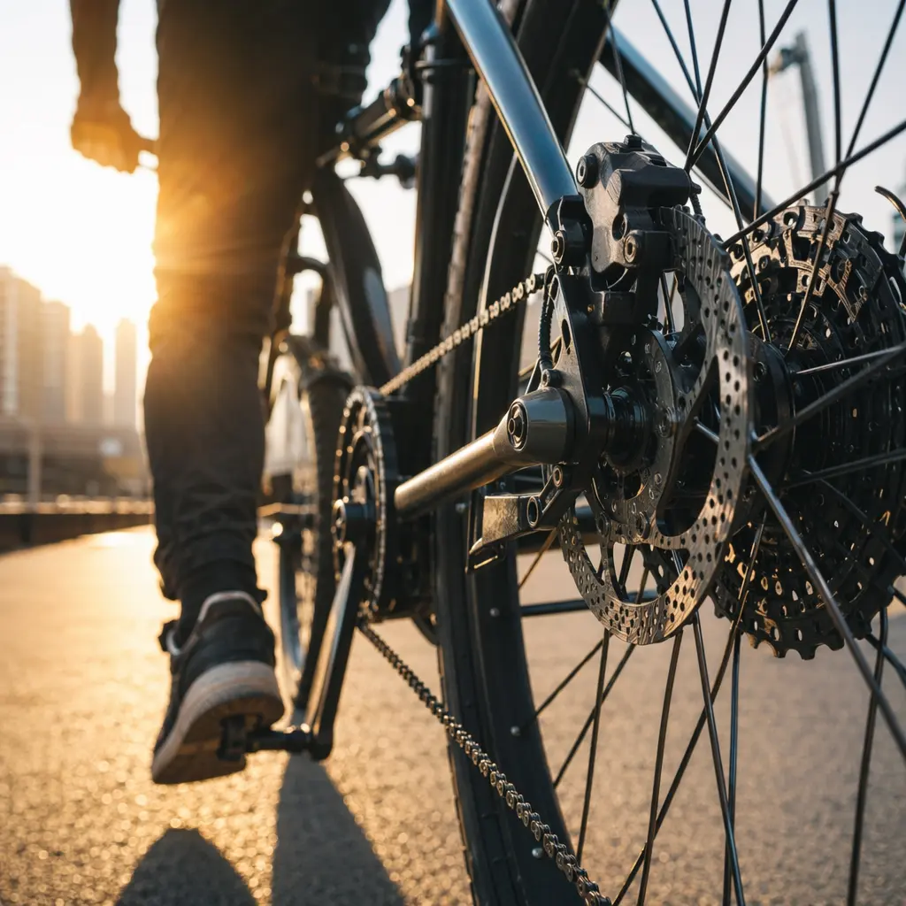 Detail view of an urban bike’s drivetrain and disc brake in warm morning light.