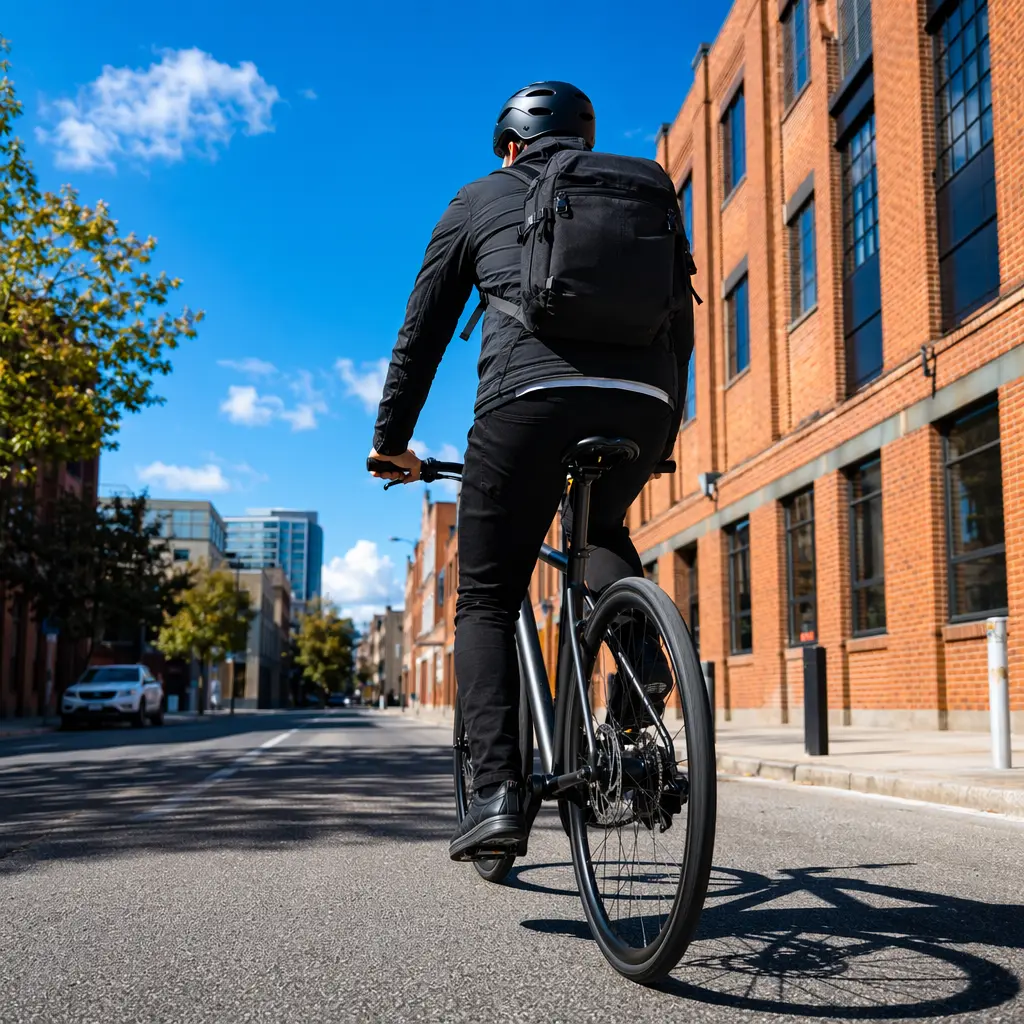 A stripped-back urban bike cruising along a sunlit city street, shown from behind in bright daylight.