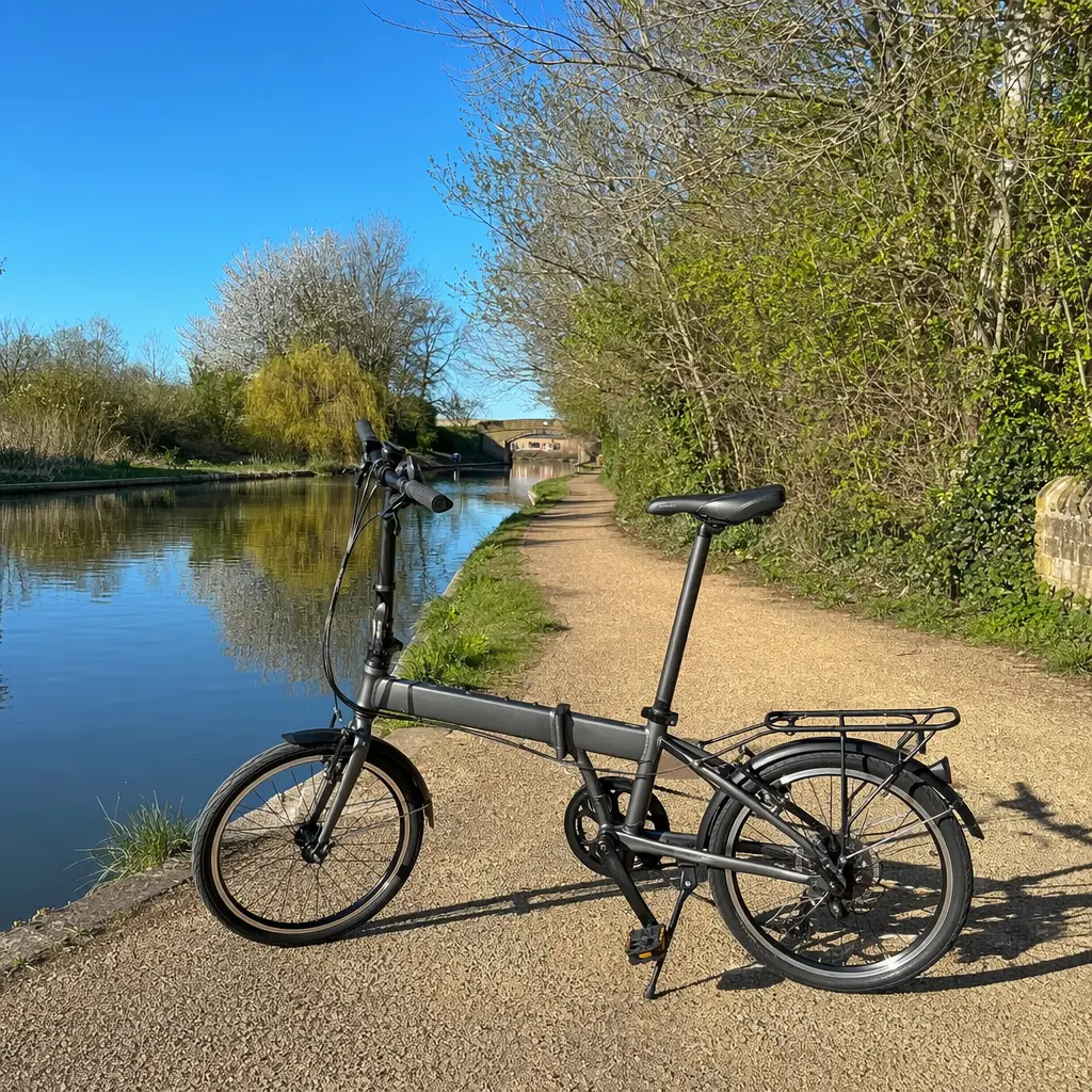 A small-wheeled folding bike resting beside a canal under a bright blue sky