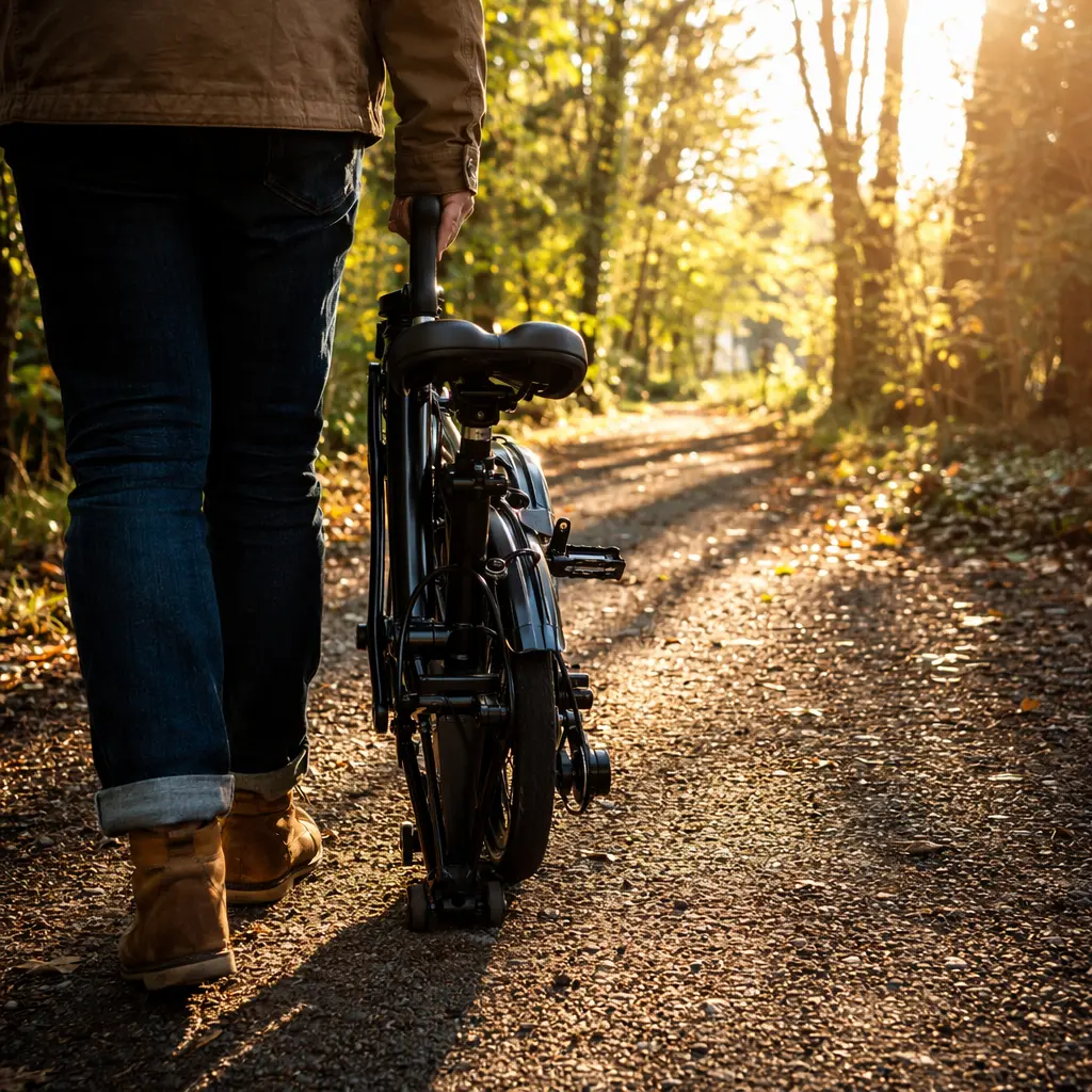 A folded compact bike being wheeled along a sunlit path in warm morning light