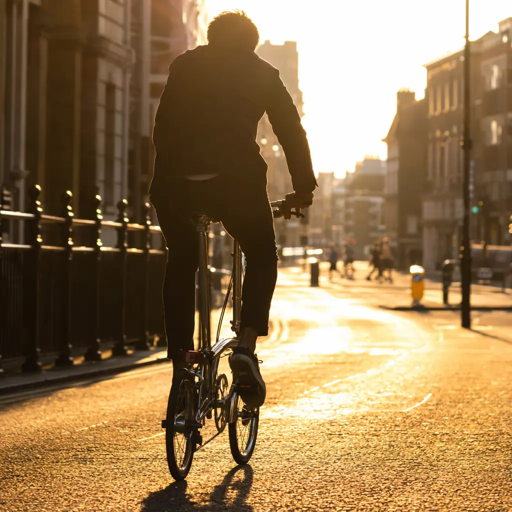 A compact folding bike being ridden along a sunlit city street at golden hour