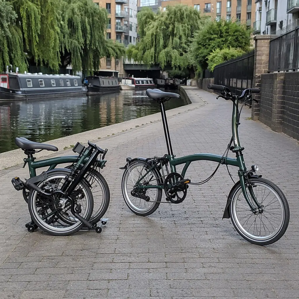 A compact folding bicycle in an urban UK setting, shown folded and unfolded