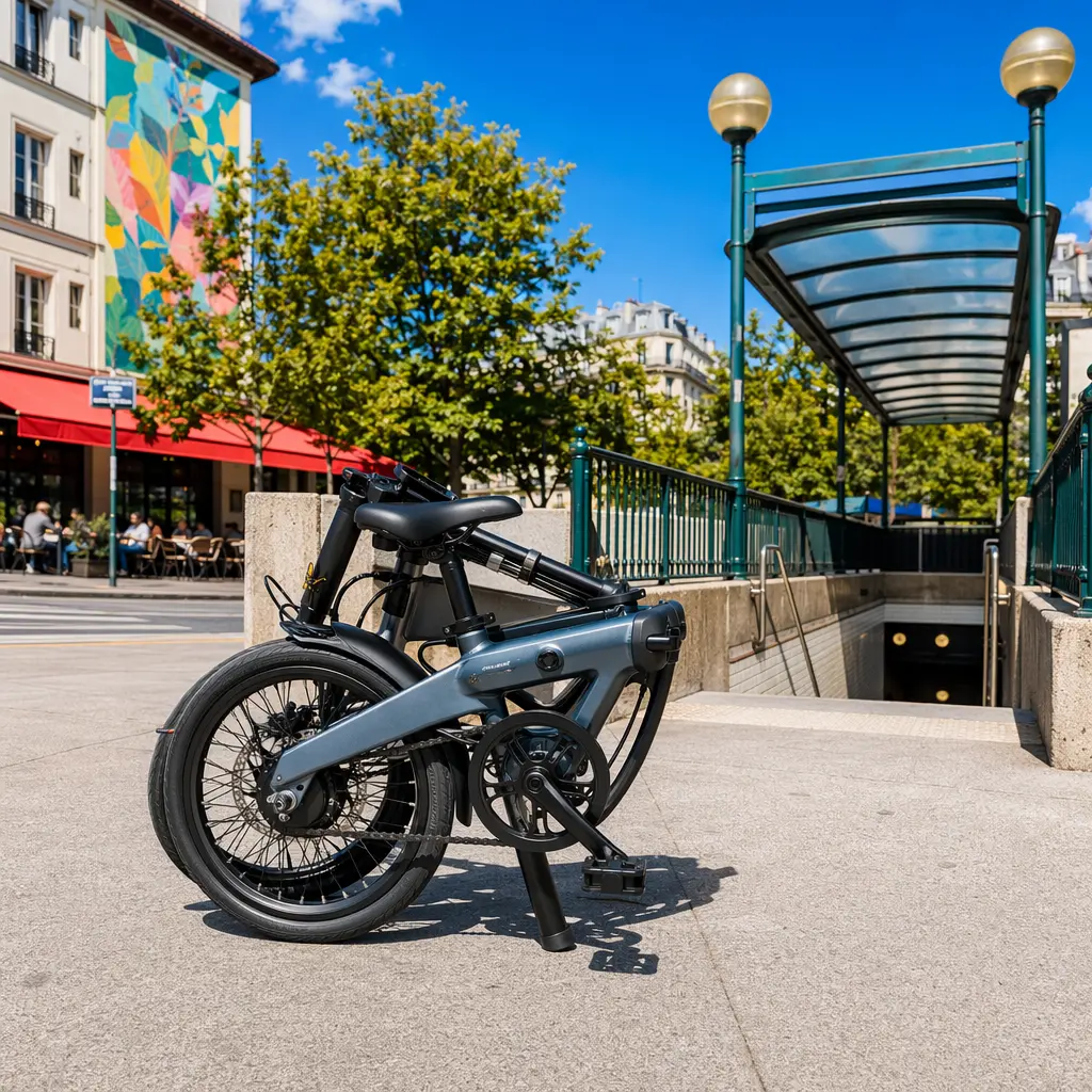 A compact folding electric bike half-folded on a sunny urban pavement