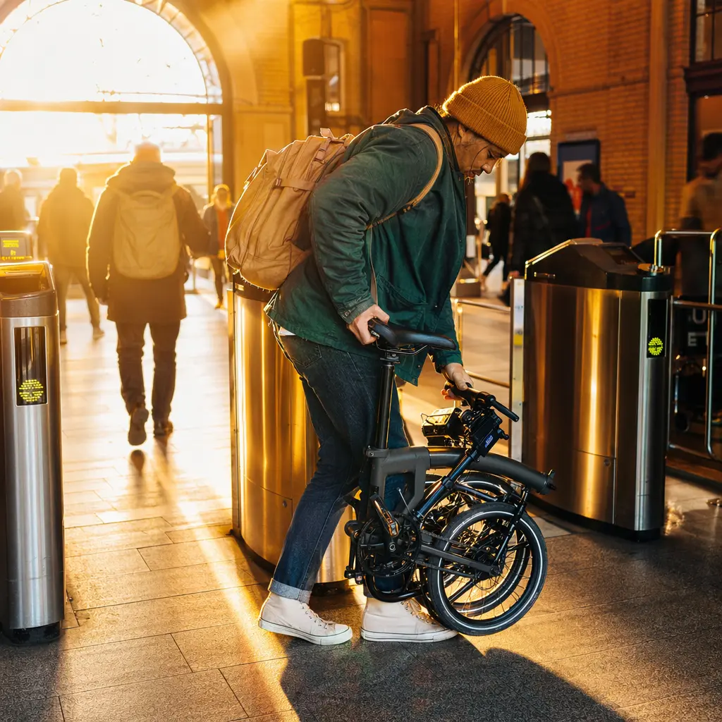 A rider folding a compact electric bike in warm morning light near a station