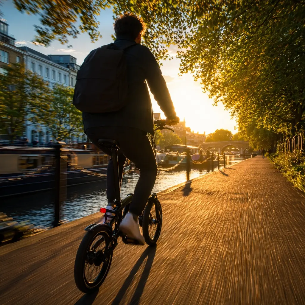 Silhouette of a compact folding electric bike being ridden along a canal path at golden hour