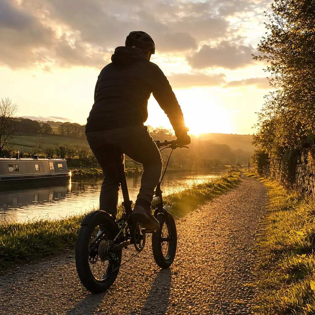 A folding bike with wide tyres being ridden along a bright canal towpath at golden hour
