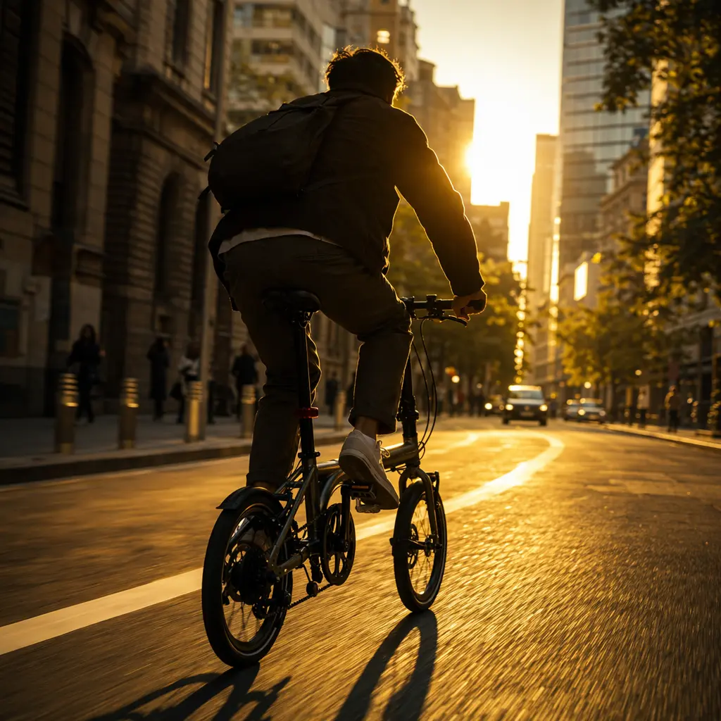 A lightweight folding bike being ridden through a sunlit UK street at golden hour, shown in silhouette from behind