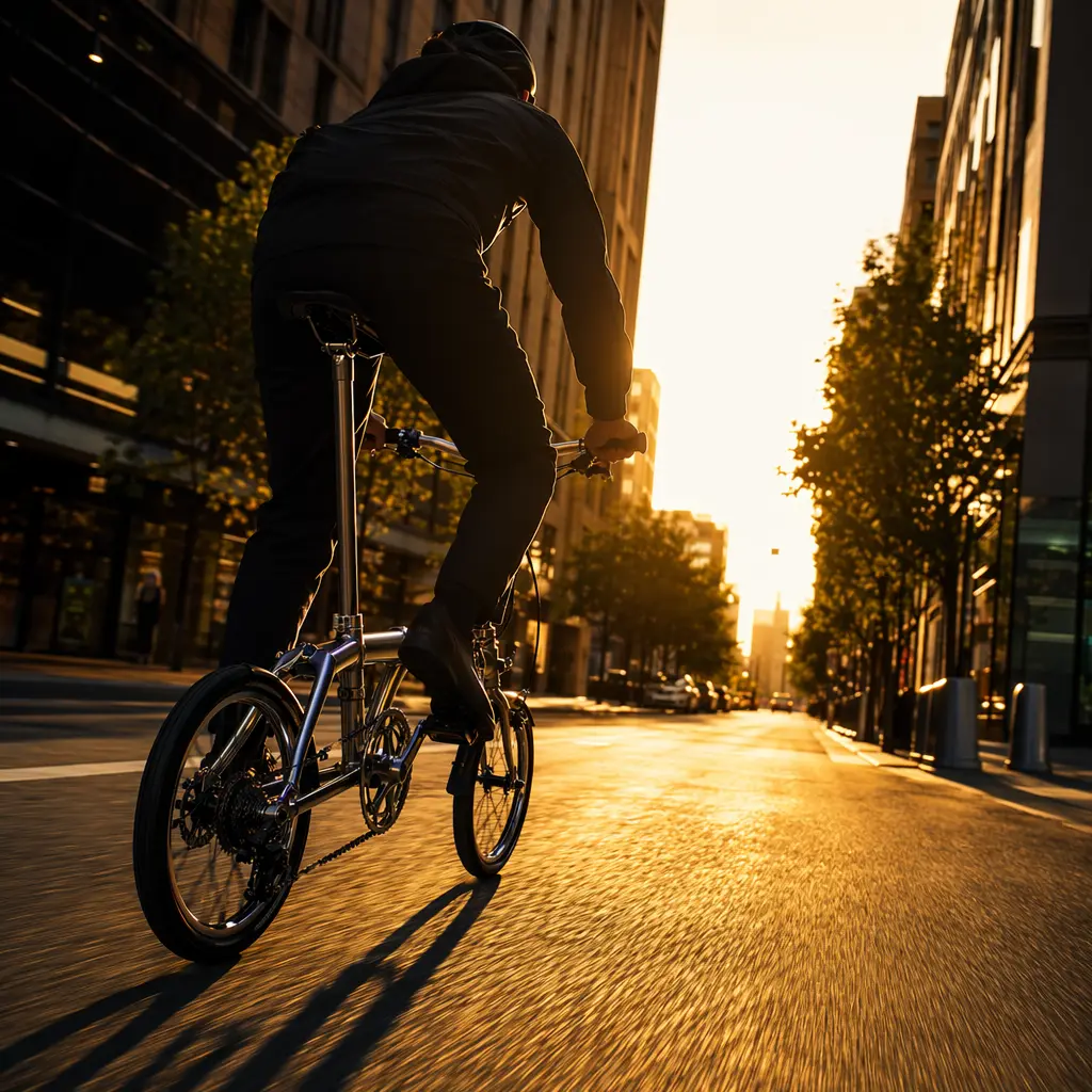 A rider silhouette on a lightweight folding bike in warm golden-hour city light