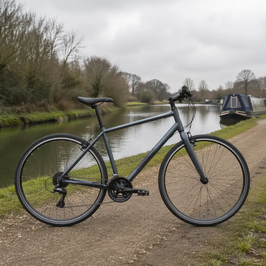 A flat-bar hybrid bike parked beside a UK canal towpath