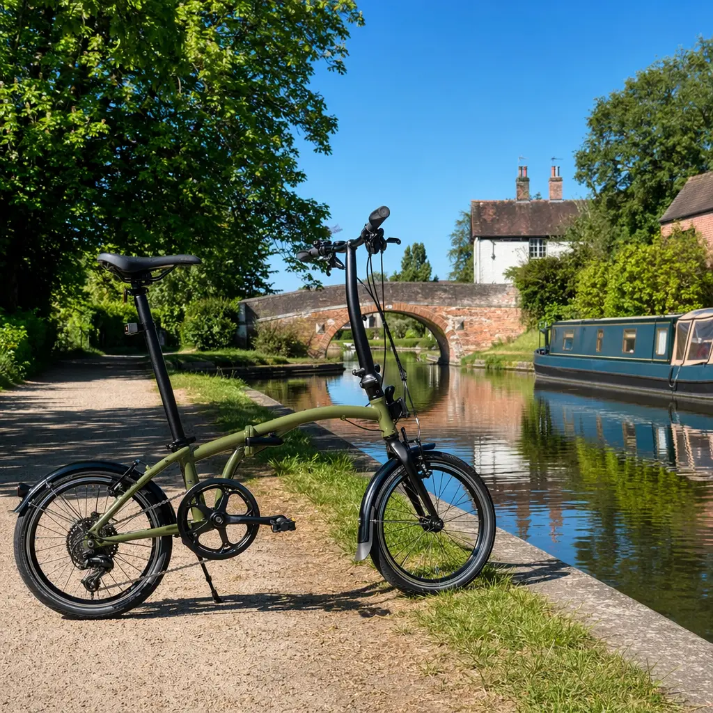 An unfolded compact folding bike resting on a sunny canal towpath