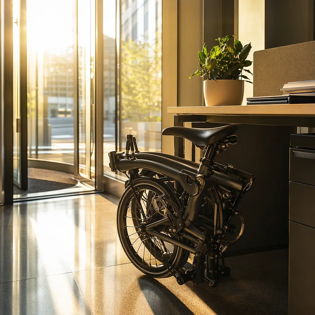 A folded compact bike standing neatly beside a desk in warm morning light