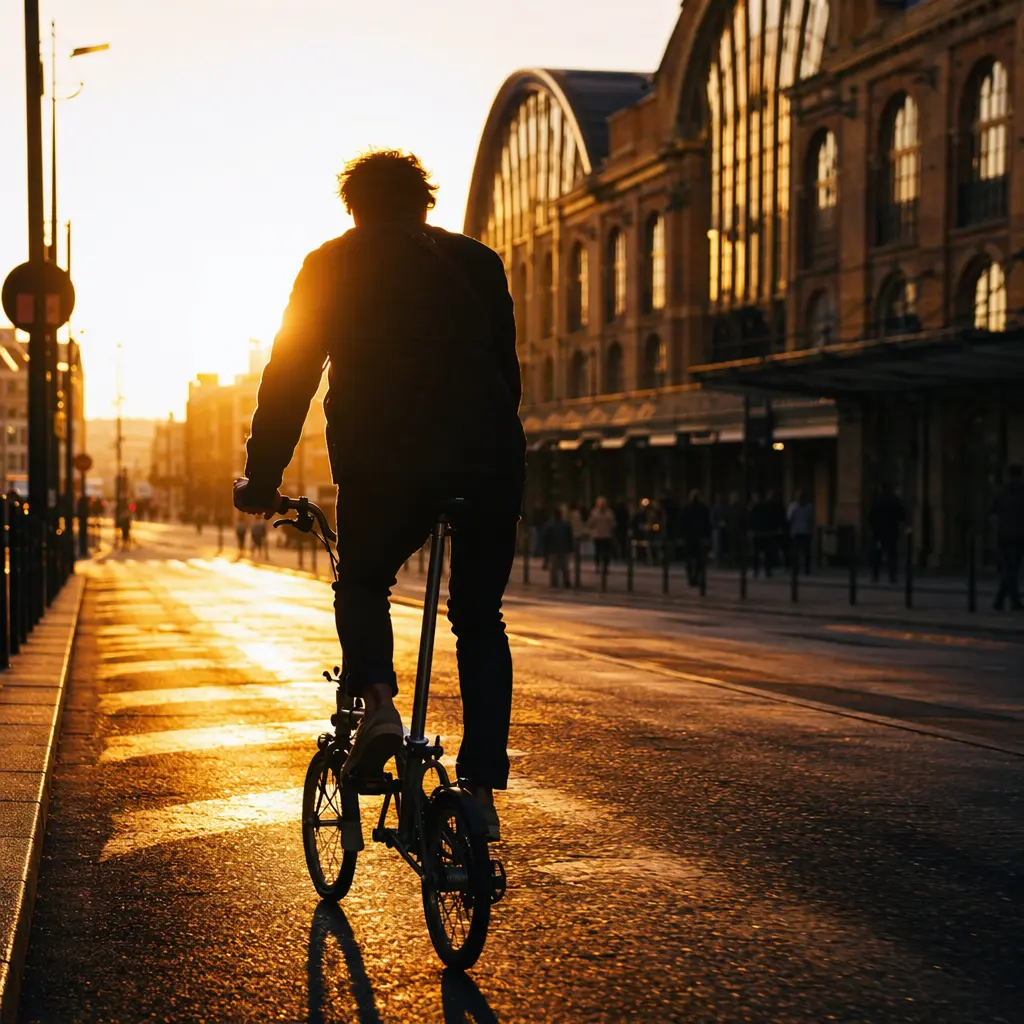 A compact folding bike being ridden toward a railway station at golden hour, silhouetted rider from behind