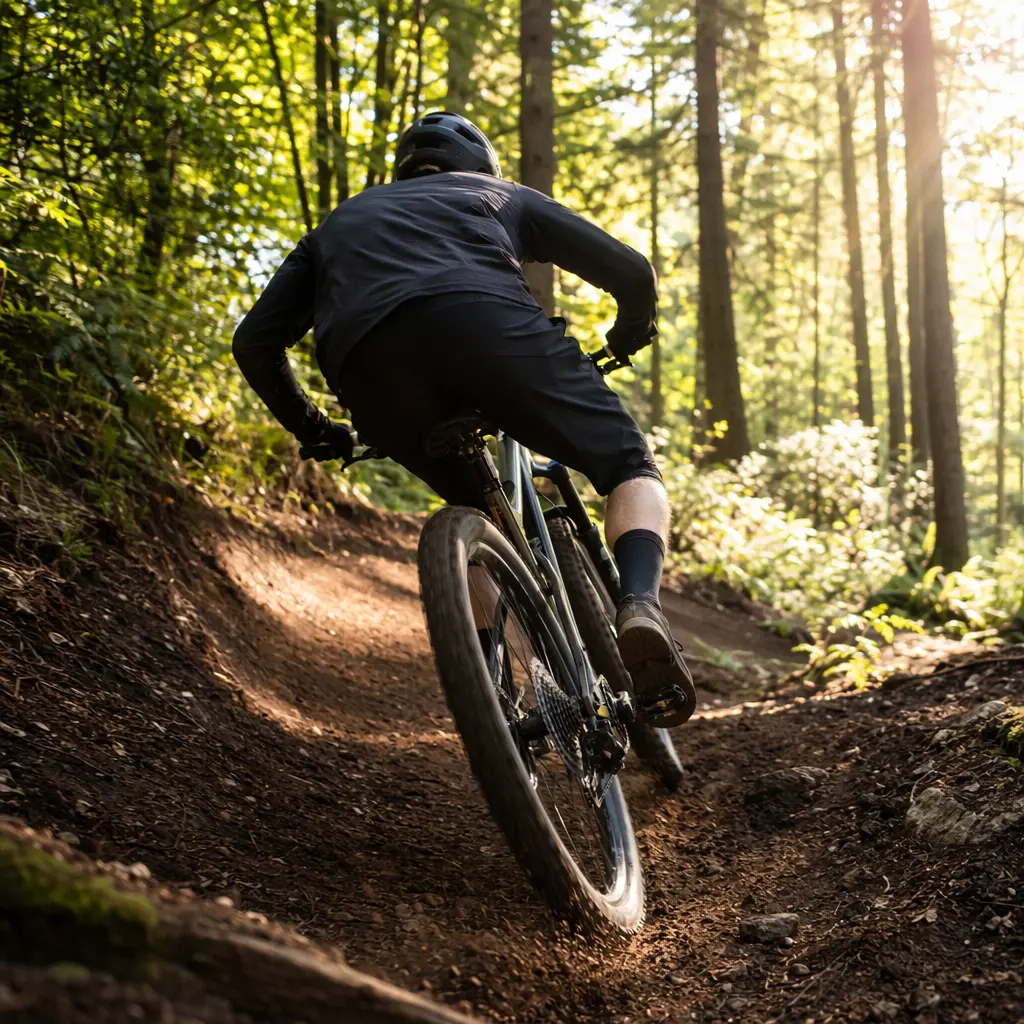 Trail hardtail mountain bike carving through a woodland berm in warm sunlight