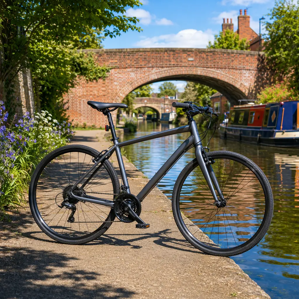 A flat‑bar hybrid bike beside a canal in bright sunshine