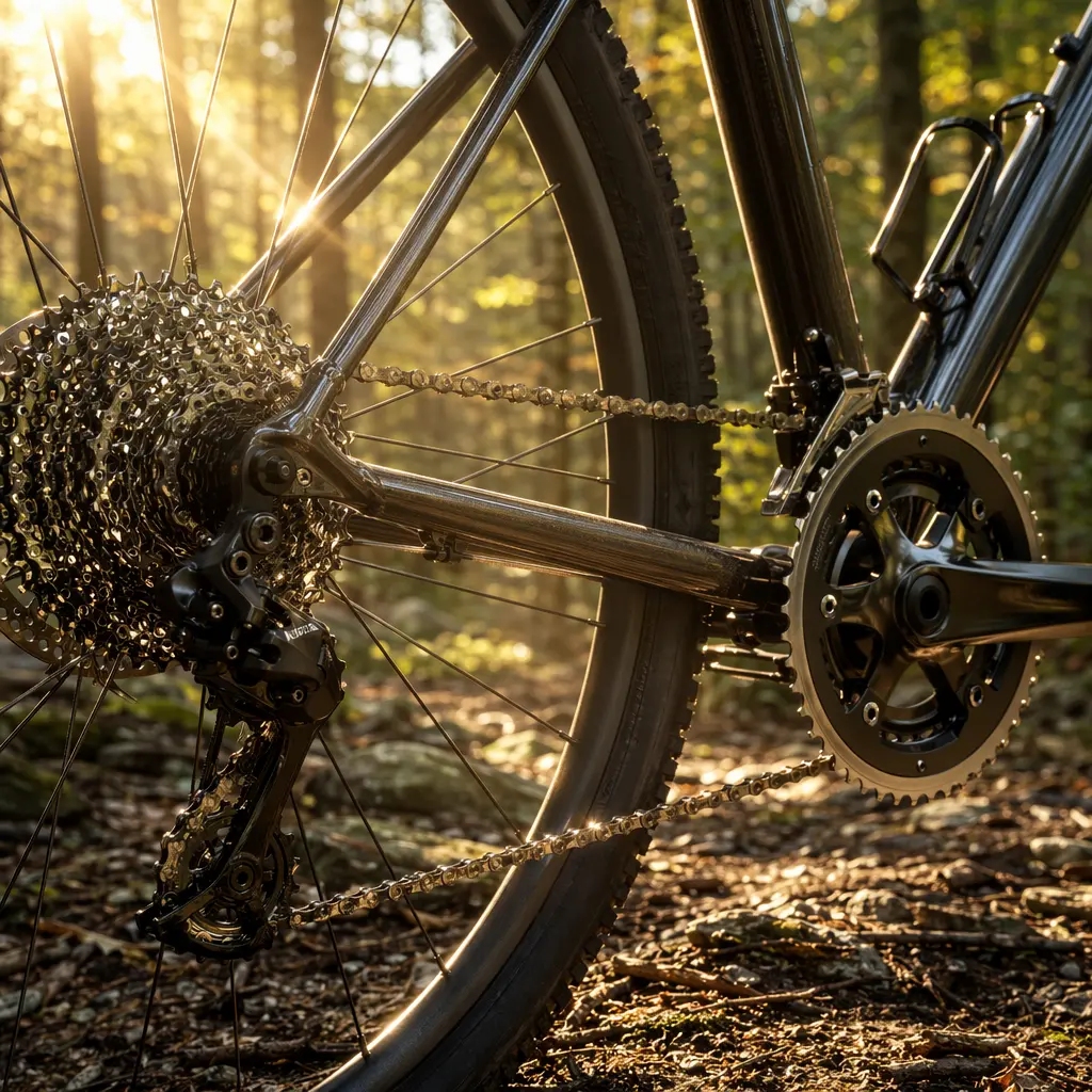 Detail view of a hybrid bike’s drivetrain in warm sunlight