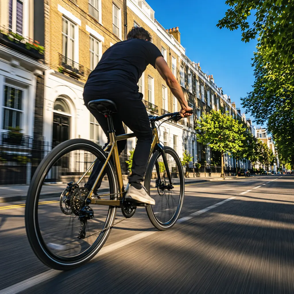 A fast flat‑bar hybrid bike ridden briskly on a sunny city street