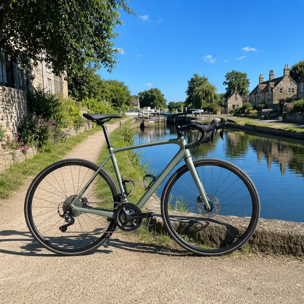 A modern endurance road bike resting by a canal towpath under a bright blue sky