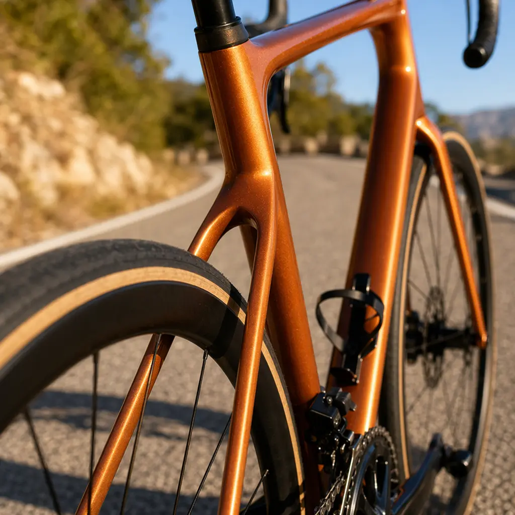 Detail shot of an endurance road bike frame and rear wheel in bright daylight