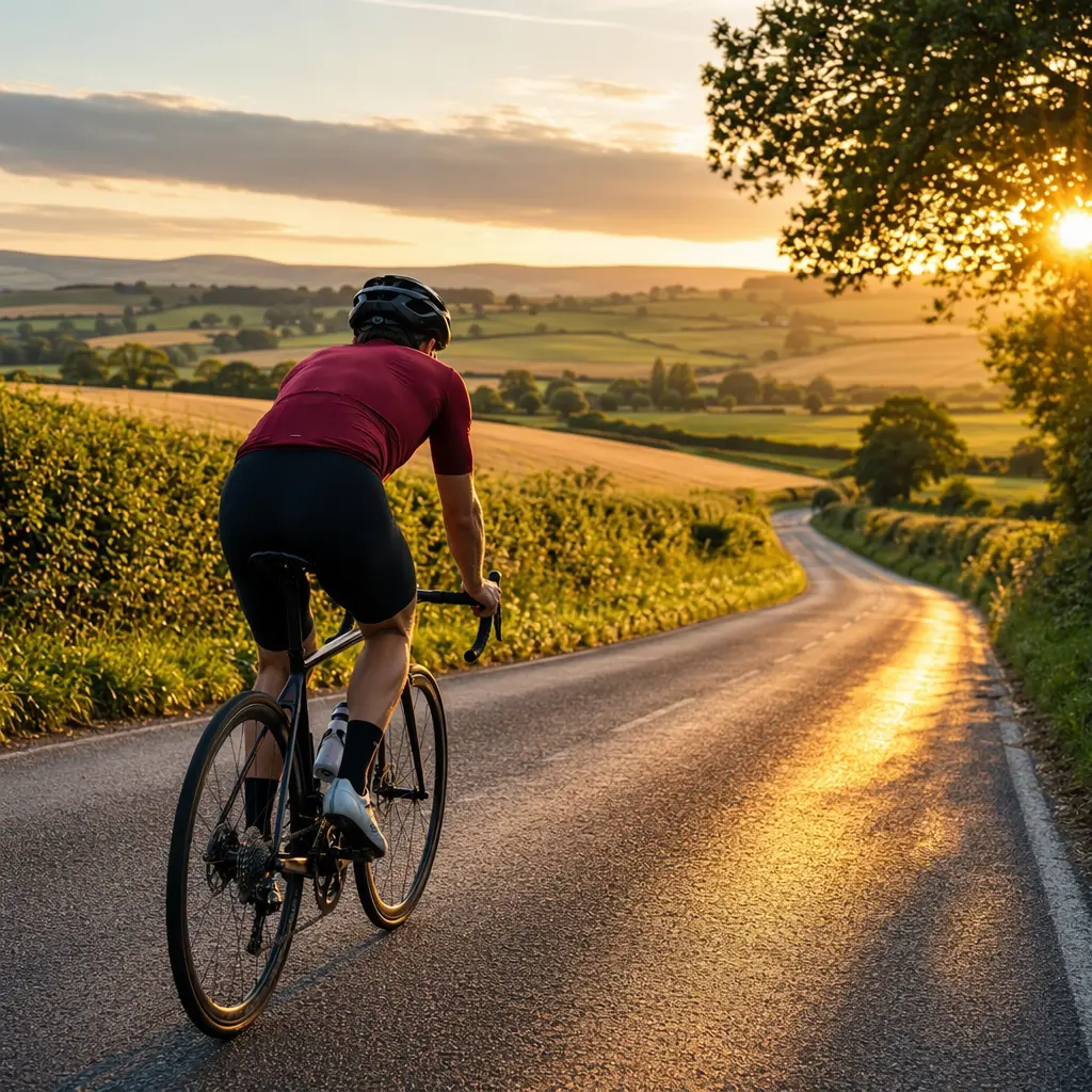 An endurance road bike being ridden on a quiet UK country lane in warm golden-hour light