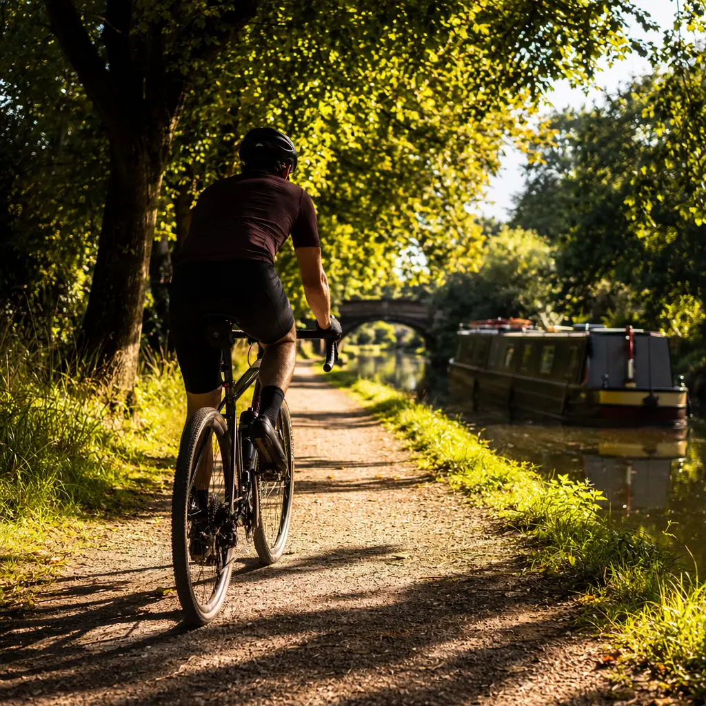 Drop-bar gravel bike riding a bright canal towpath in strong summer light