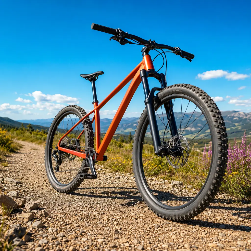 A hardtail mountain bike on a gravel track under a bright blue summer sky.