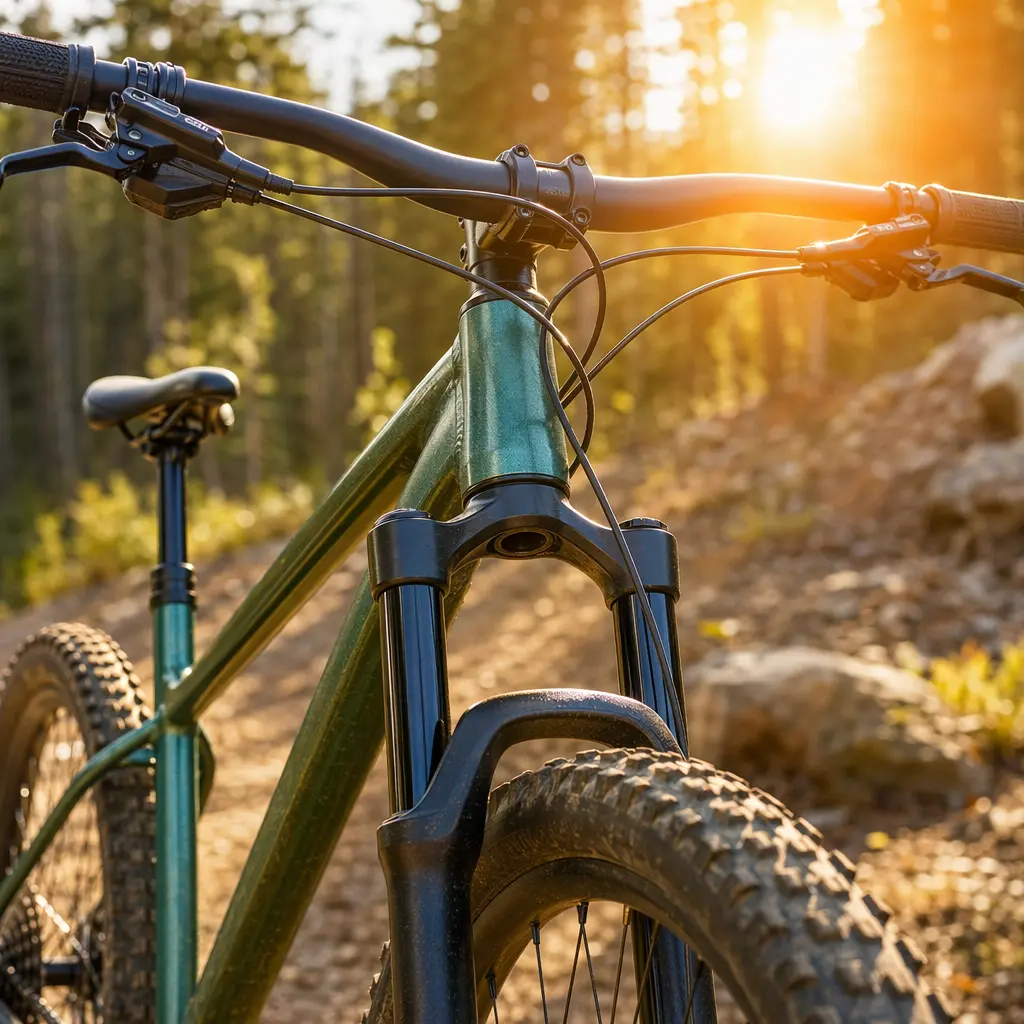 Close-up of a hardtail mountain bike’s front suspension and handlebars in bright daylight.