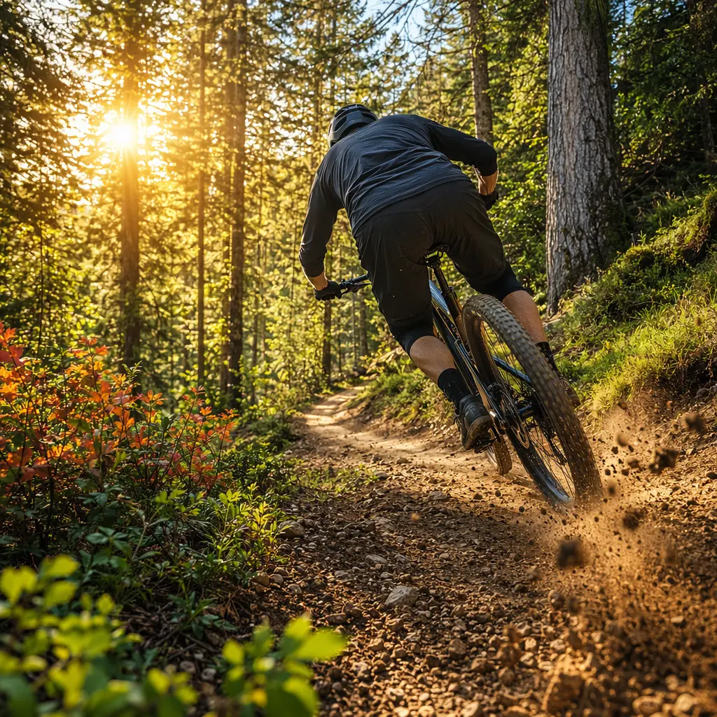 A hardtail mountain bike riding through a bright woodland trail in warm morning light.