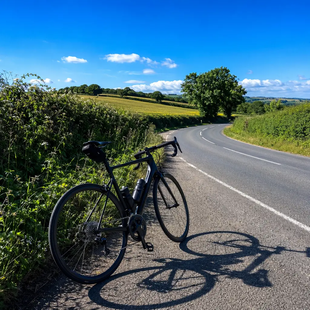 Endurance road bike on a sunlit country road under a bright blue sky.