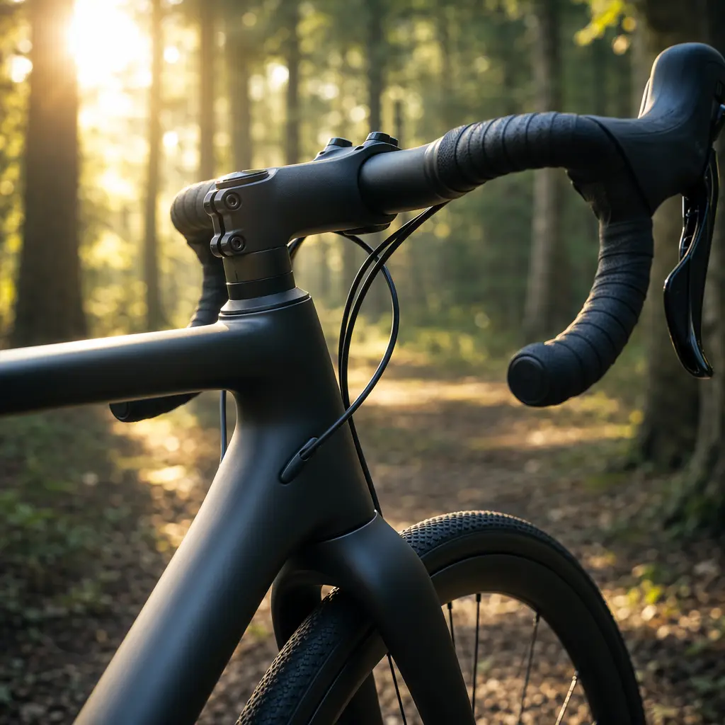Close-up of an endurance road bike frame and cockpit in warm morning light.