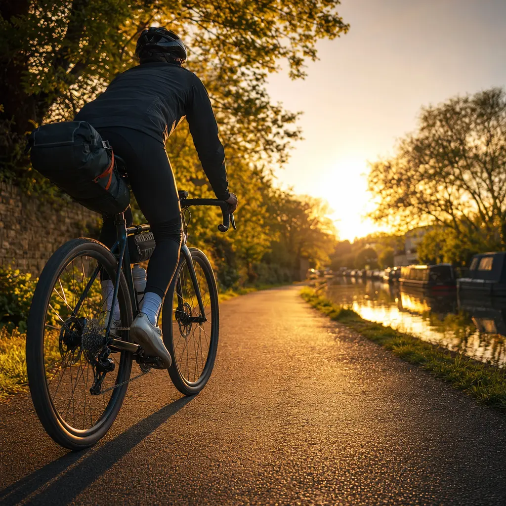 Endurance road bike on a sunny canal towpath, highlighting comfort-focused geometry.