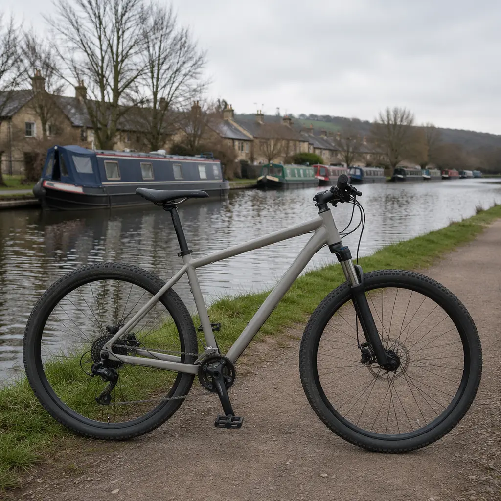 A neutral hybrid bike with front suspension parked beside a UK canal towpath