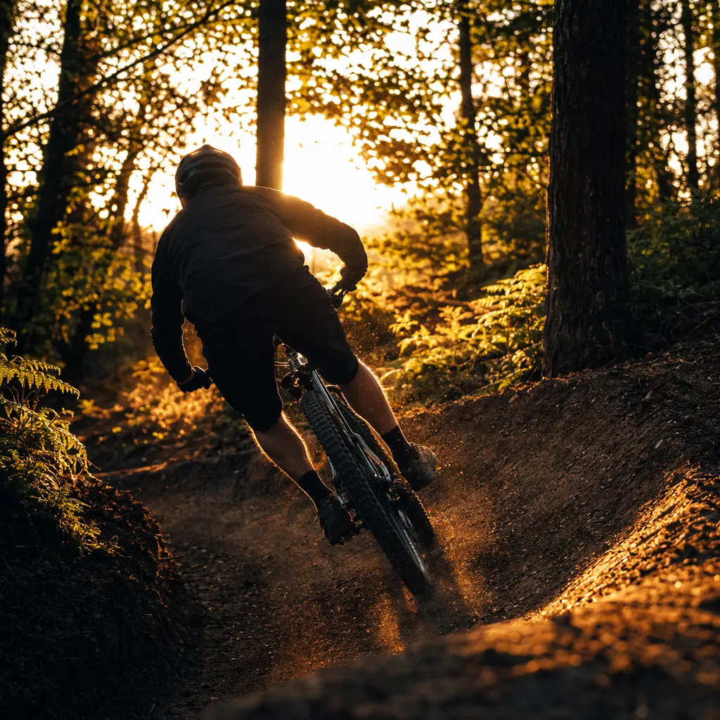A hardtail mountain bike ridden on a sunlit woodland trail at golden hour