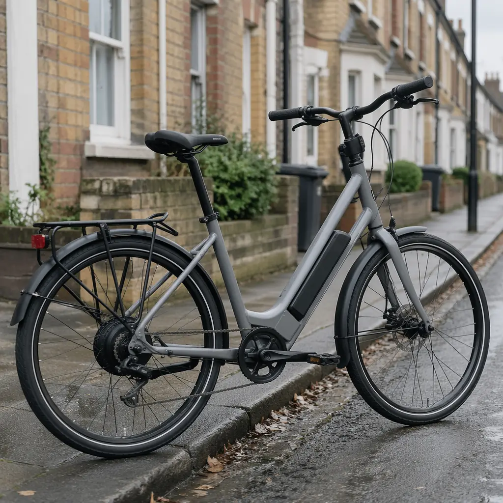 A step-through electric hybrid bike in an everyday UK street setting