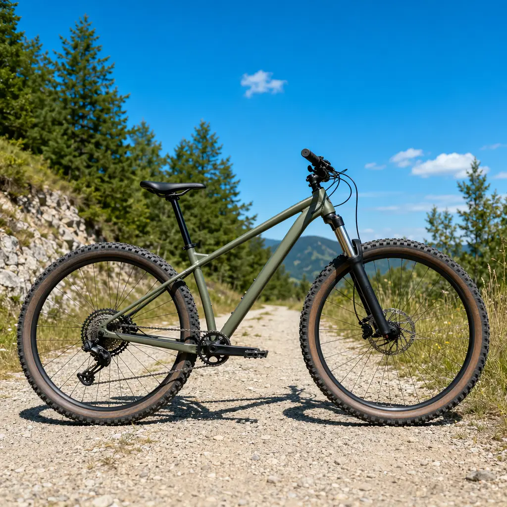 Side view of a hardtail mountain bike under a bright blue sky on a gravel path.
