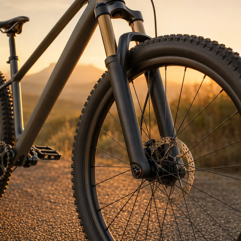 Detail shot of a hardtail mountain bike’s front suspension and disc brake in warm light.