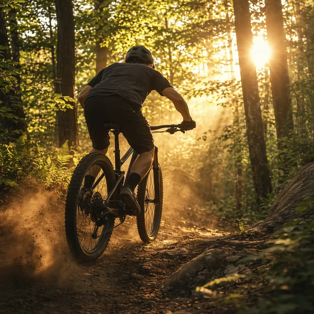A hardtail mountain bike being ridden along a bright woodland trail in warm morning light.