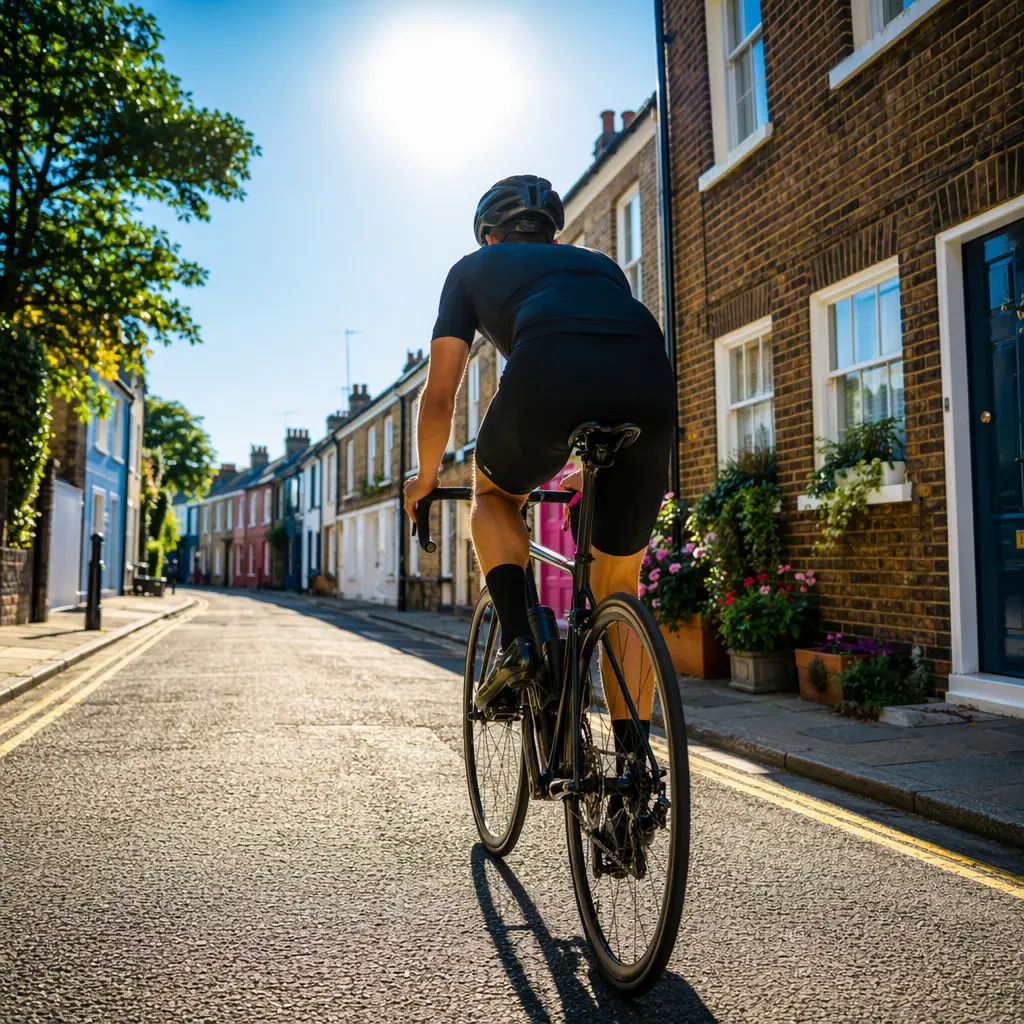 A drop-bar road bike being ridden on a sunny UK street, shown from behind with clean lines and no visible branding.
