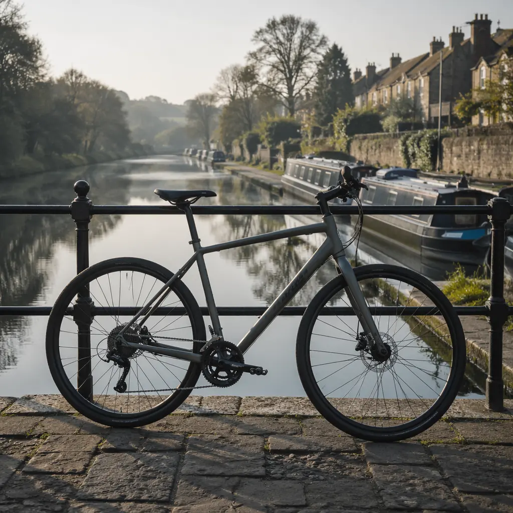 A flat‑bar hybrid bike beside a UK canal towpath