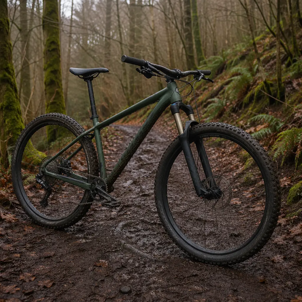 A budget hardtail mountain bike paused on a woodland trail in the UK