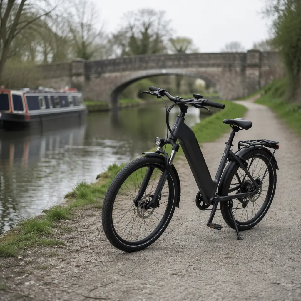 A budget electric bike on a UK canal towpath in soft natural light