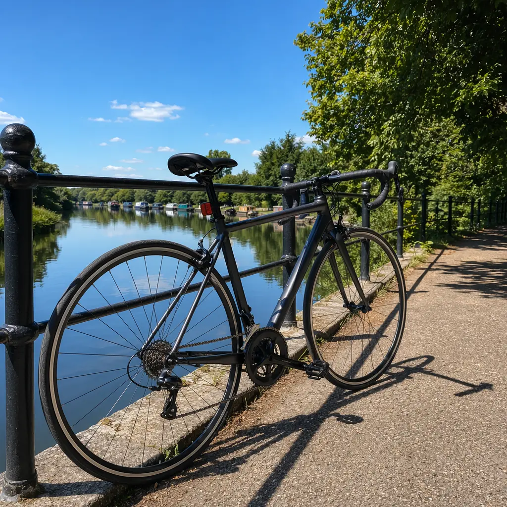 Affordable road bike by a canal towpath on a bright summer day