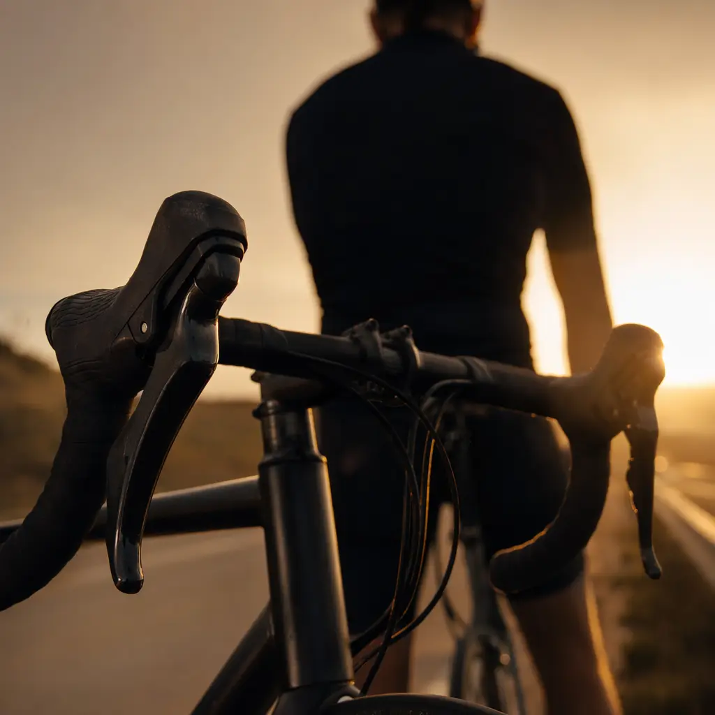 Drop handlebars on an entry-level road bike with rider silhouetted