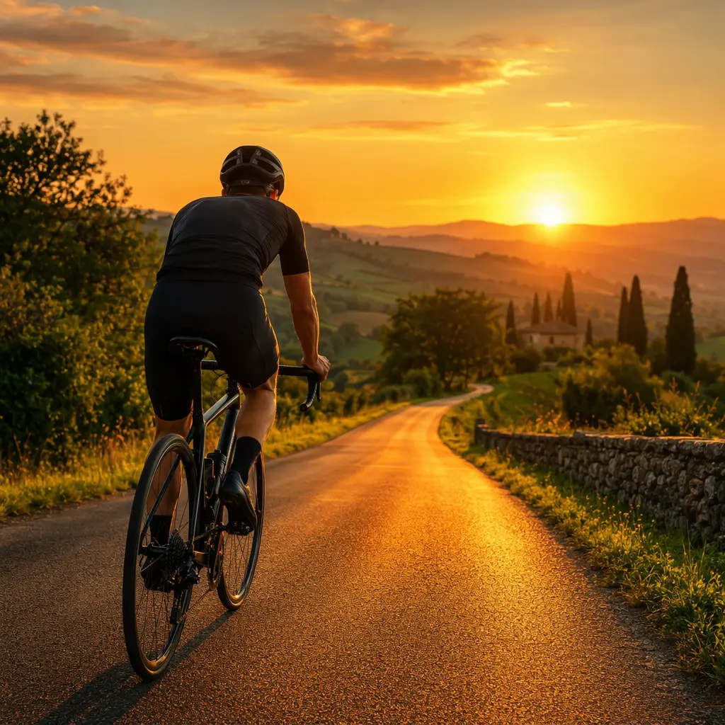 Budget road bike being ridden along a sunlit country lane