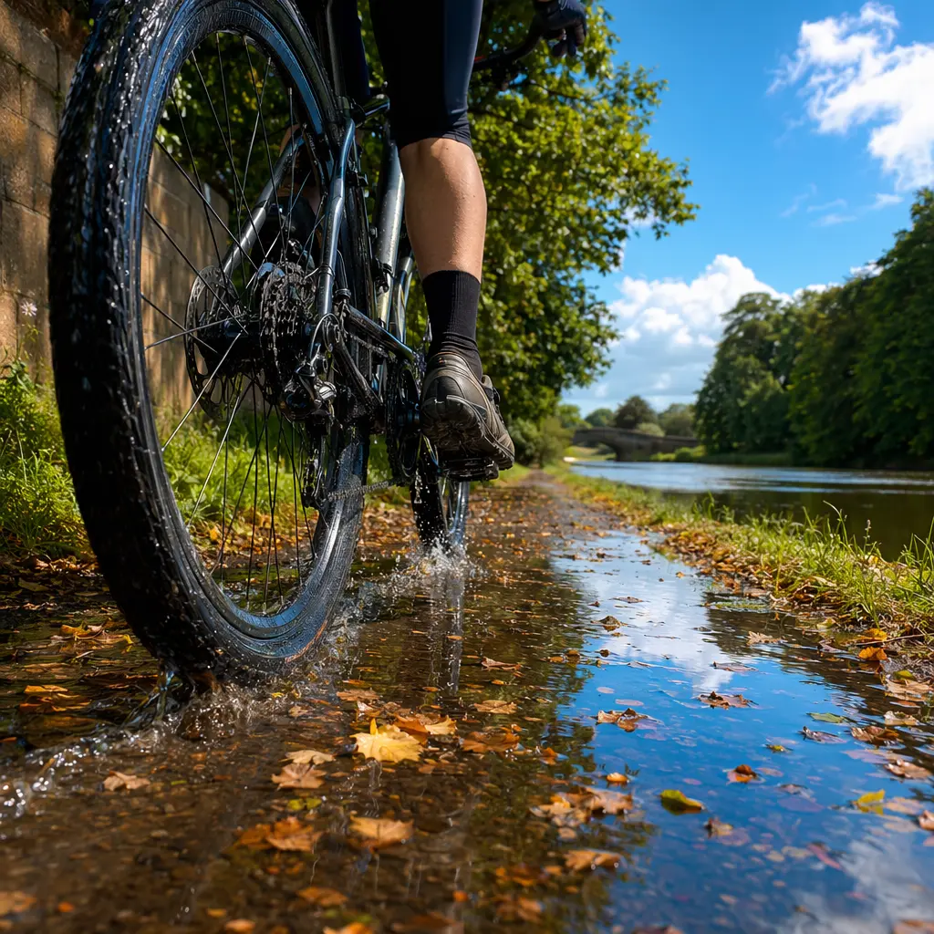 Close-up of bike tyres riding through puddles and leaves on a canal towpath in bright light.