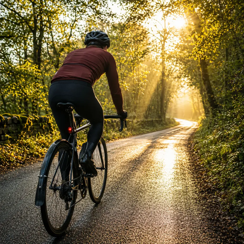 Cyclist with mudguards riding a wet country lane in warm morning light.