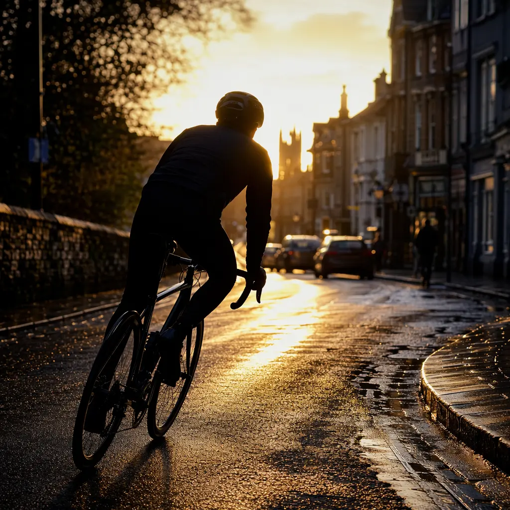 Silhouette of a cyclist riding carefully on a wet winter street with glowing backlight.