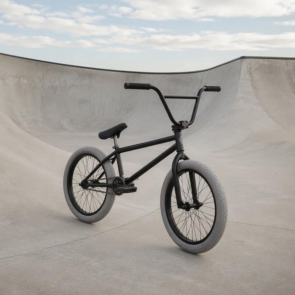 BMX bike positioned on a smooth skatepark surface