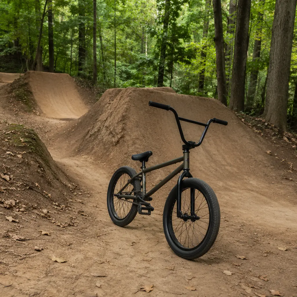 BMX bike beside a small dirt jump track